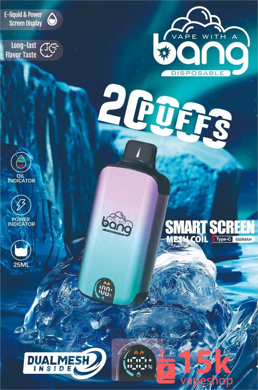 Bang 20000 Puffs Disposable Vape with Smart Display, 25ml Liquid Capacity, Rechargeable, FDA Certified - 画像 (3)