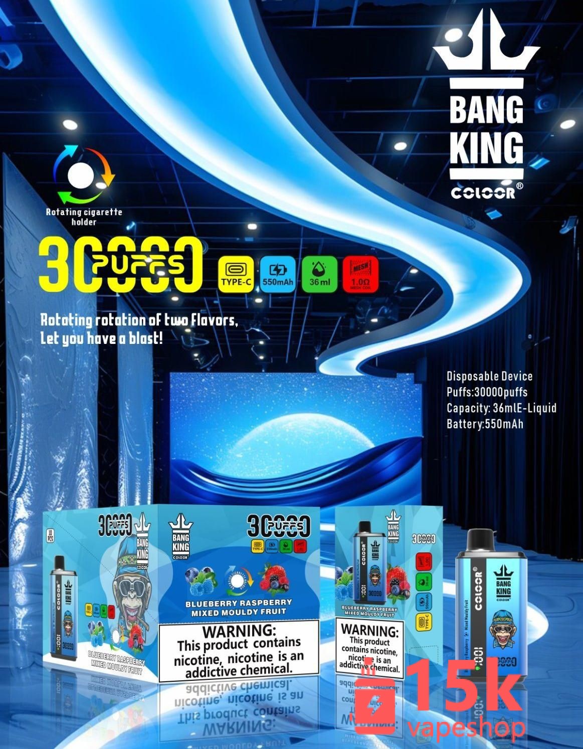 バング30000パフ使い捨てVAPEペンキット-充電式、デュアルフレーバー、36ml、550mAh、タイプC充電