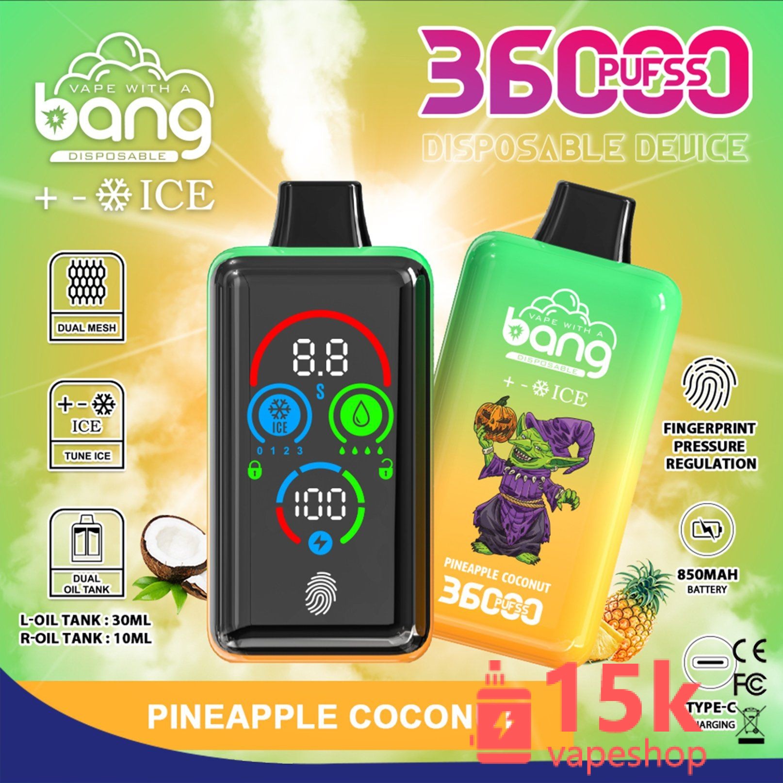 Bang 36000 Puffs Disposable Vape - Smart Screen, Finger Touch, 850mAh Battery, 36ml Capacity - 画像 (6)