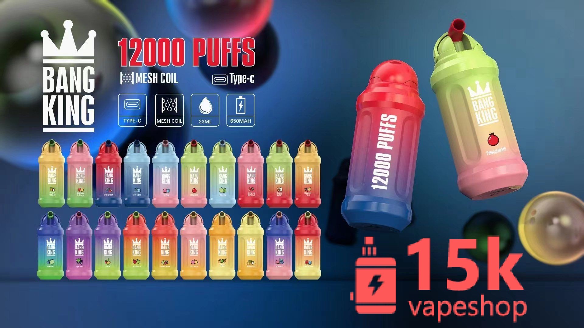 Bang King 12000 Puffs Disposable Vape Pen - 23ml, Fruit Flavors, Rechargeable, FDA Certified
