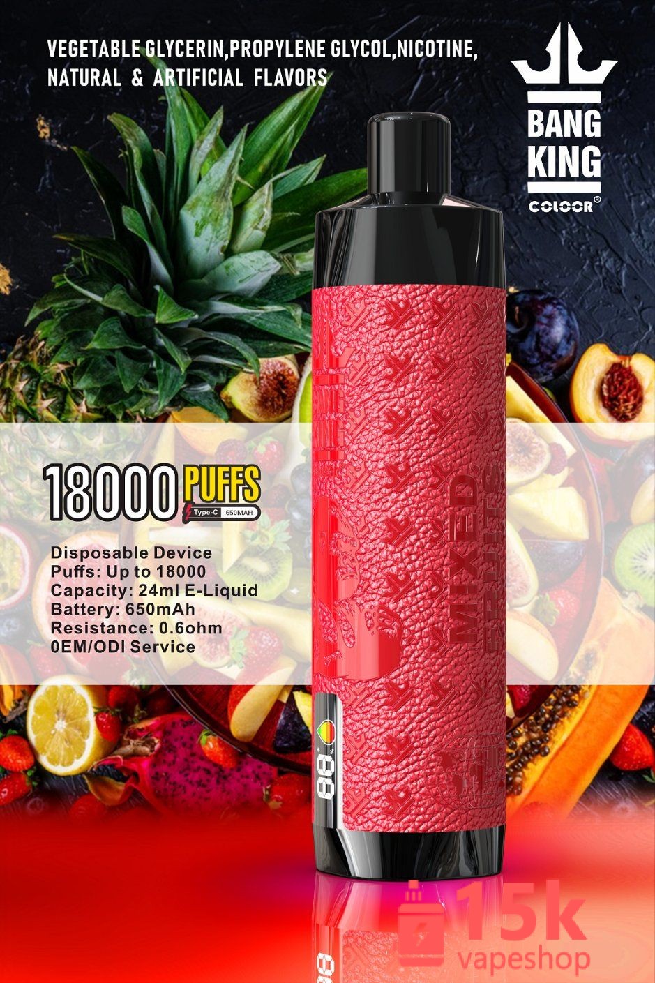 Bang King 18000 Puffs Disposable Vape - EGO, 24ml, Type C Charging, Nicotine Salt, OEM, FDA Certified - 画像 (6)