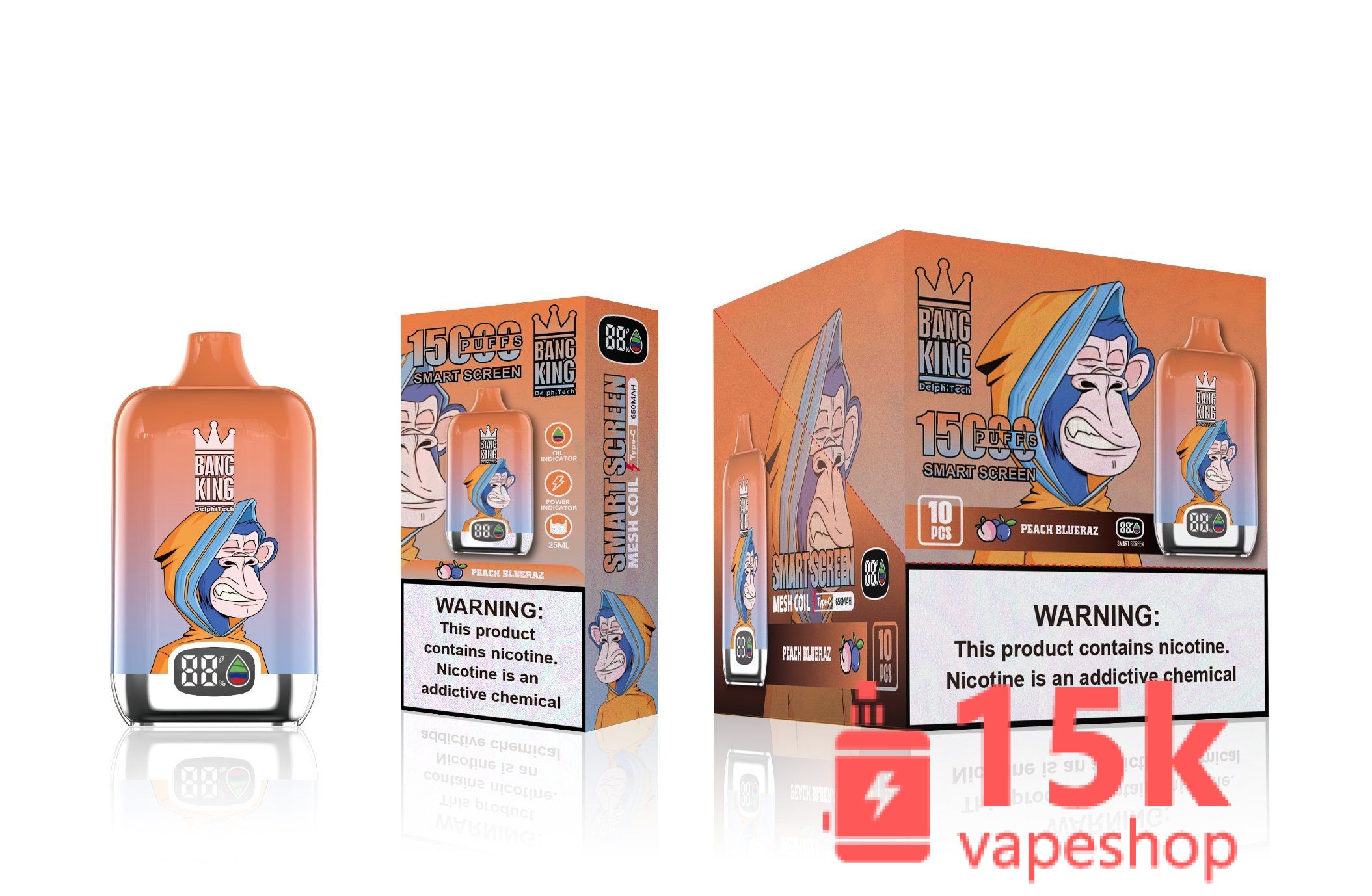 ⁦Bang King Smart Screen Disposable Vape Pen 15000 Puffs - 10 Flavors, 5% Nicotine, 25ml Oil Capacity⁩ - الصورة ⁦6⁩