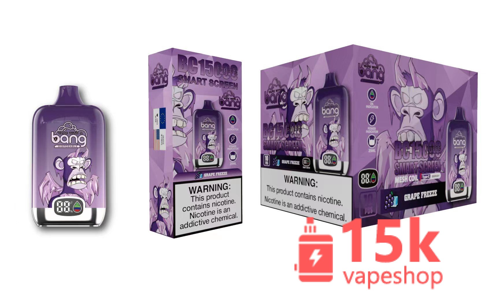 Bang Smart Screen 15000 Puff Vape Pod - Disposable E-Cigarette with FDA, CE, and OEM Support - 画像 (2)