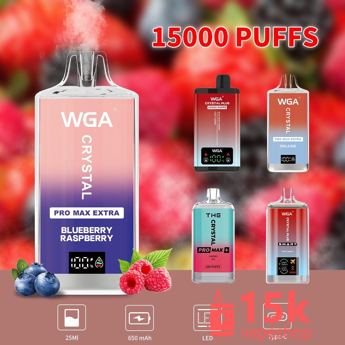 EU German Warehouse Wholesale Rechargeable Disposable WGA Vape 9000 Puff 9K Electronic Cigarette Fruit Flavors - 画像 (4)