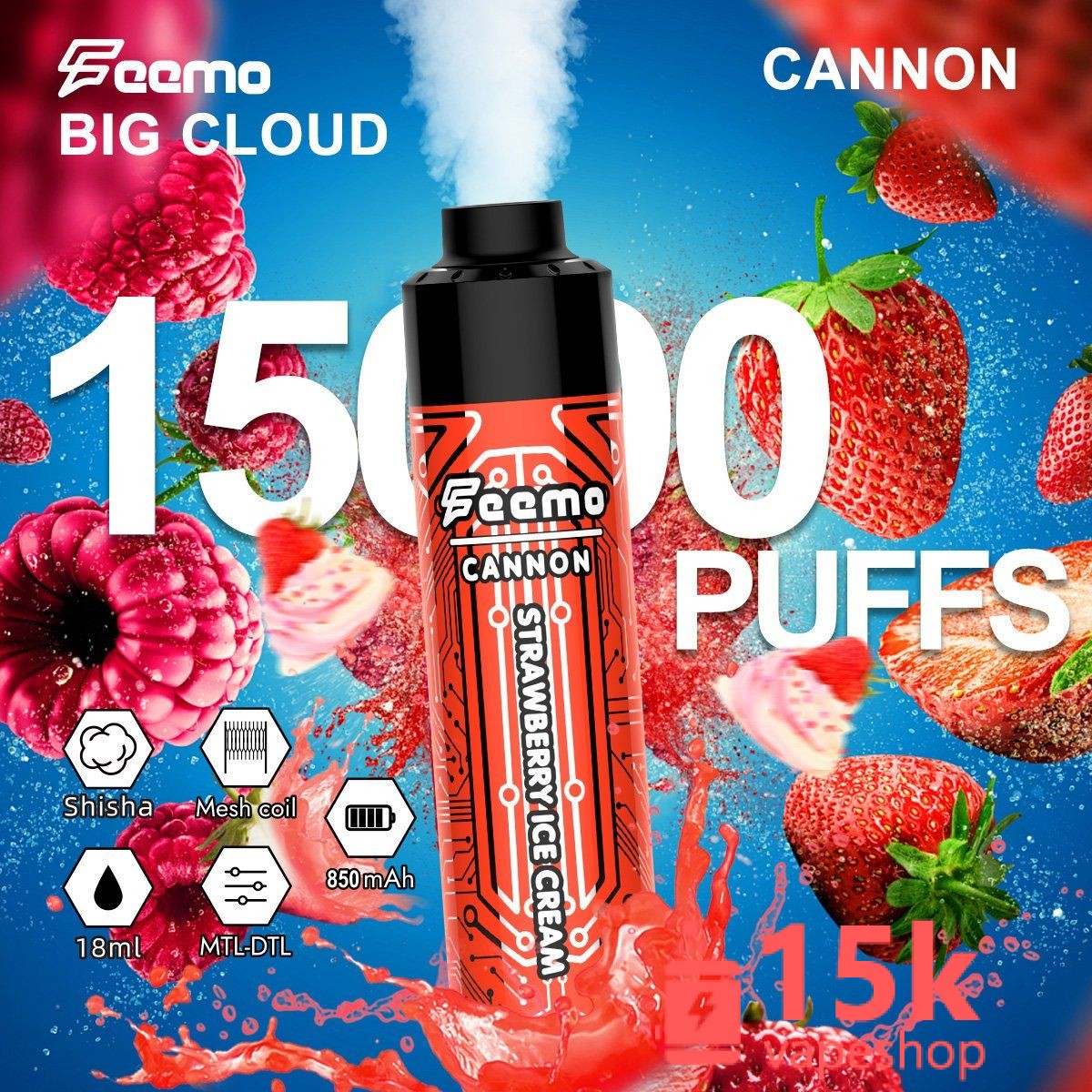 Feemo Cannon Disposable E-Cigarette 15000 Puffs 23ml E-Juice 0%-5% Nicotine Fruit Flavors Type-C Rechargeable - зображення 5