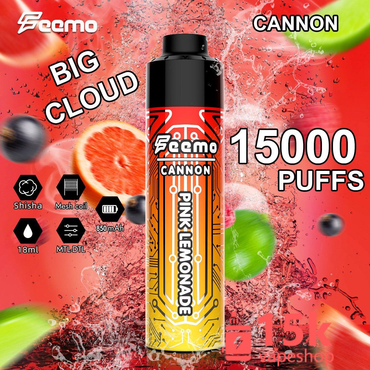 Feemo Cannon 使い捨てベイプ 15K-30Kパフ、EU倉庫、18ml、充電式、10フレーバー、OEMサポート