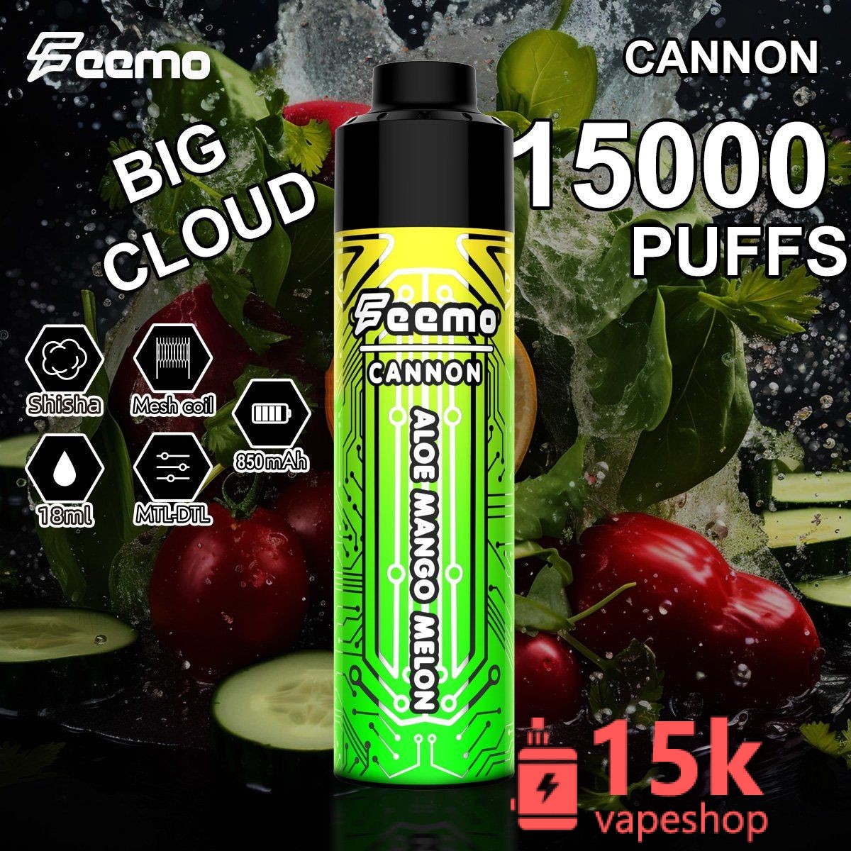 Feemo Cannon Disposable Vape 15K-30K Puffs, EU Warehouse, 18ml, Rechargeable, 10 Flavors, OEM Support - 画像 (4)