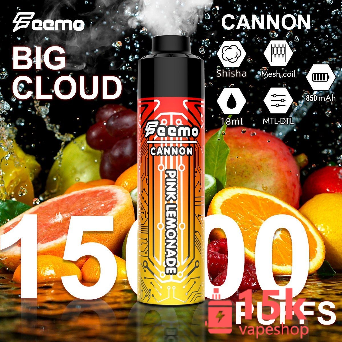 Feemo Cannon Disposable Vape 15K-30K Puffs, EU Warehouse, 18ml, Rechargeable, 10 Flavors, OEM Support - 画像 (5)