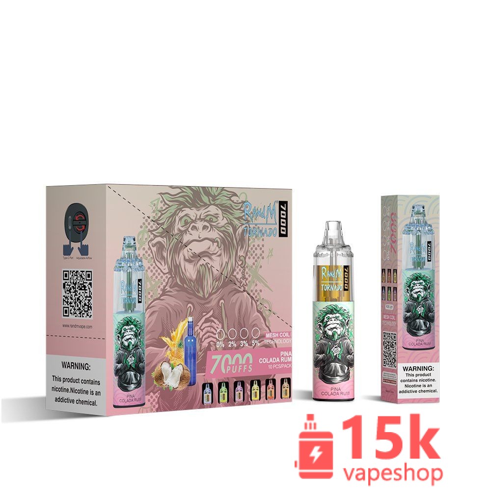 ⁦RandM Tornado 7000 Disposable Vape - Zero Nicotine, 38 Flavors, Rechargeable, 7000 Puffs⁩ - الصورة ⁦4⁩