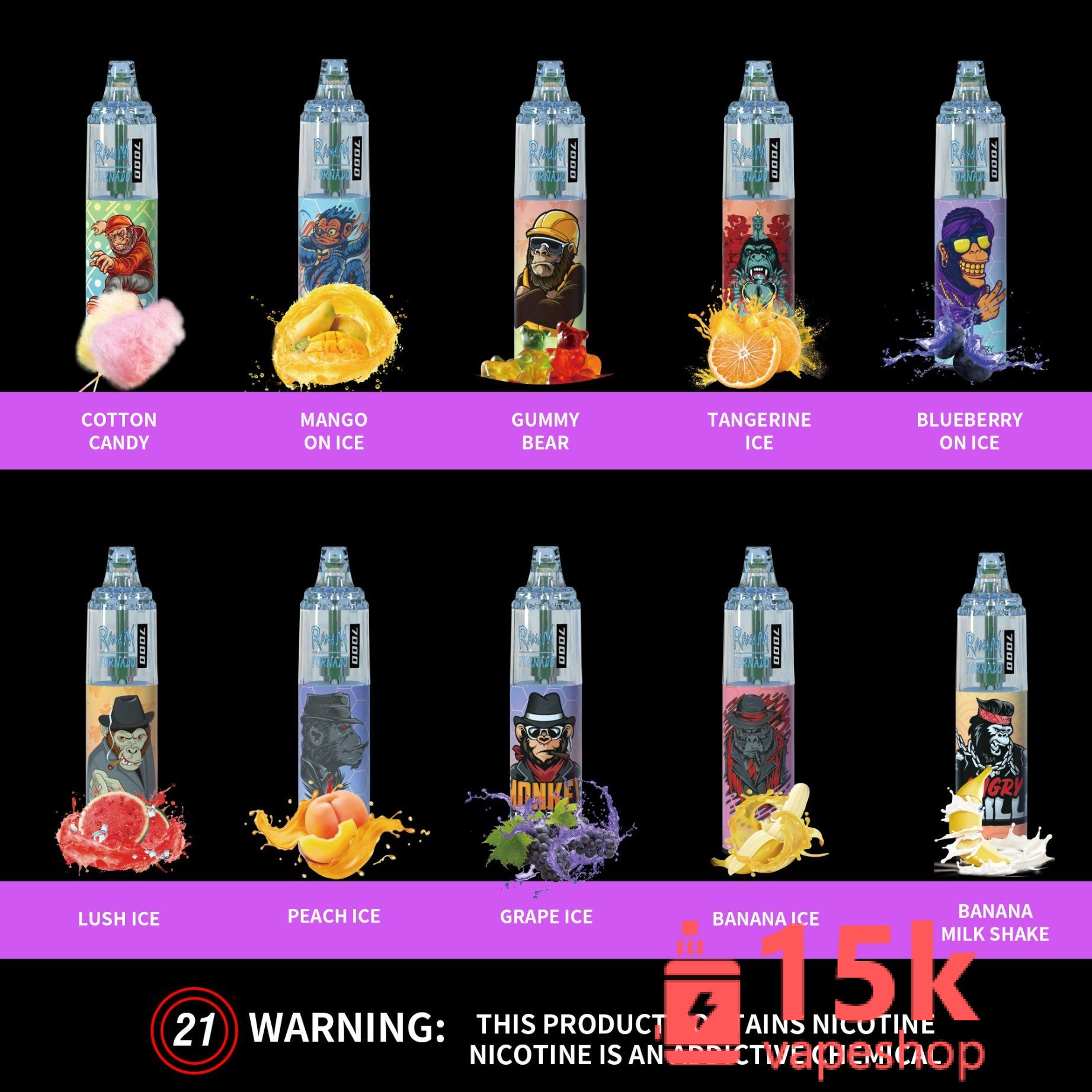 ⁦RandM Tornado 7000 Disposable Vape - Zero Nicotine, 38 Flavors, Rechargeable, 7000 Puffs⁩ - الصورة ⁦2⁩