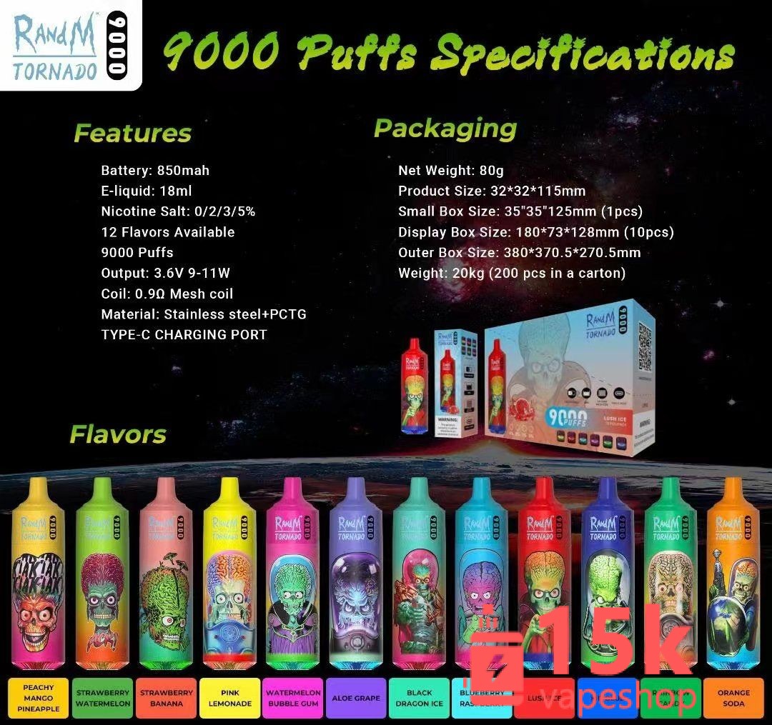 Randm Tornado 9000 Vape Pen Wholesale - Nicotine-Free, 12 Fruit Flavors, Disposable E-cigarette