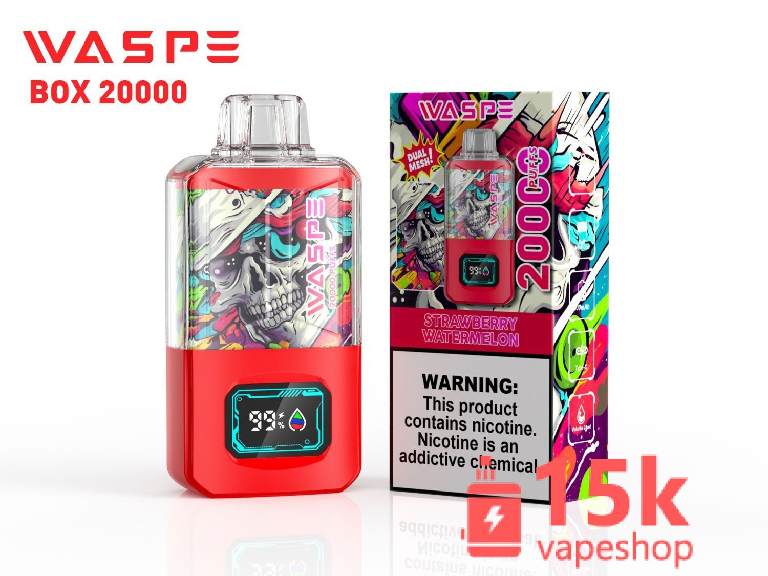 Waspe 20000 Puffs Disposable Vape with LCD Screen, Dual Mesh & Fruit Flavors - Wholesale Electronic Cigarettes