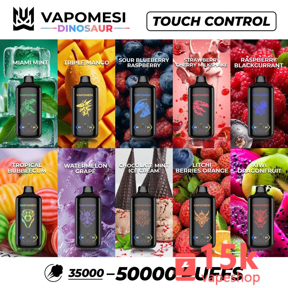 Wholesale EU Vape Puff Bar Vapomesi Dinosaur 20000-35000 Puffs with LED Touch Screen & Mesh Coil - 画像 (2)