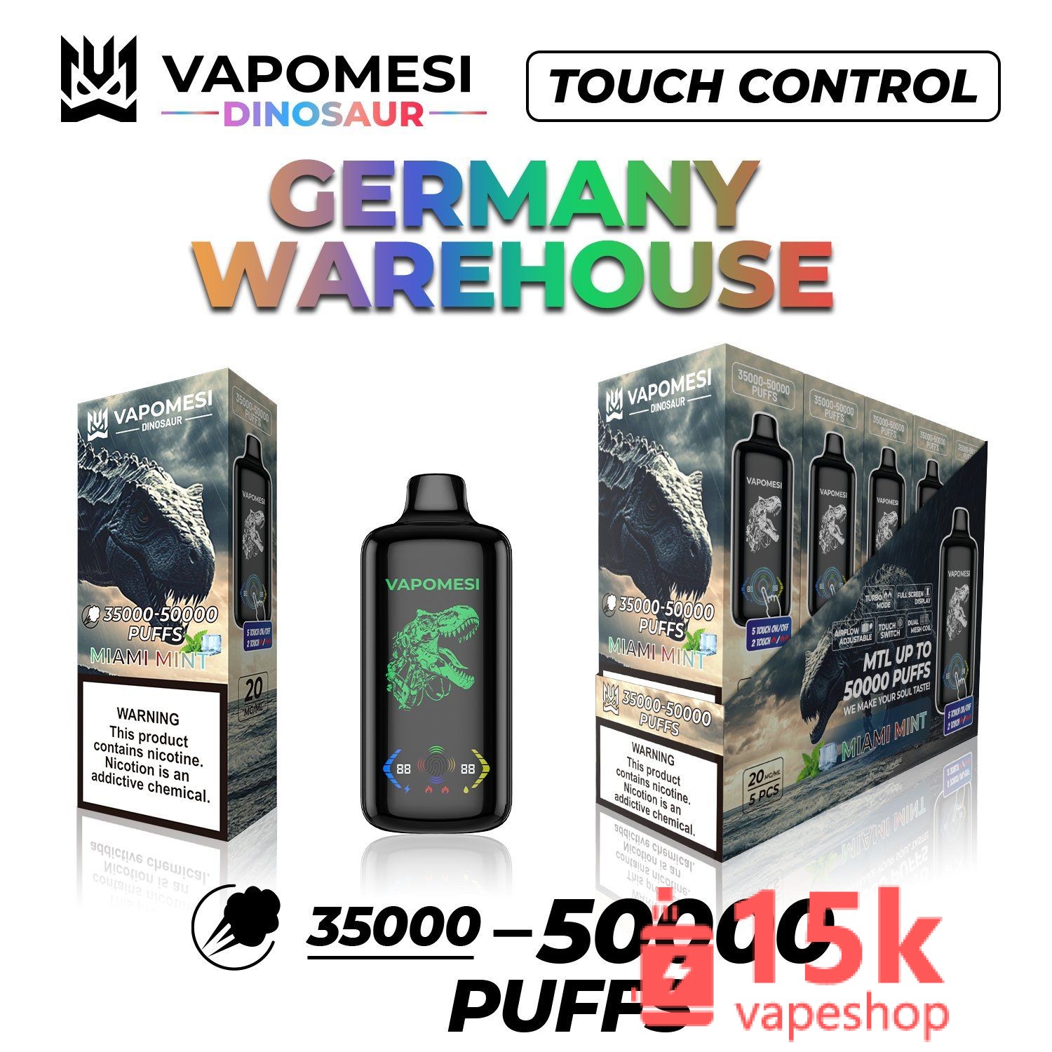 Wholesale EU Vape Puff Bar Vapomesi Dinosaur 20000-35000 Puffs with LED Touch Screen & Mesh Coil - 画像 (4)