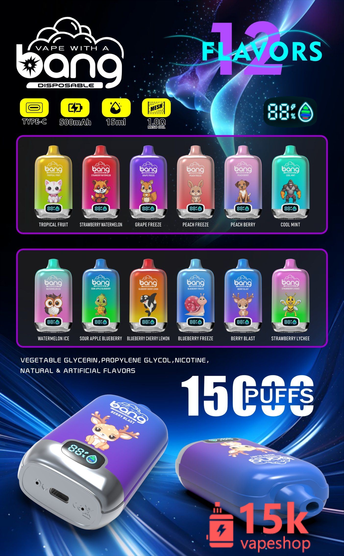 Wholesale Vape Bang 15000 Puffs Disposable E-Cigarette with Mesh Coil & Digital Display - 画像 (6)